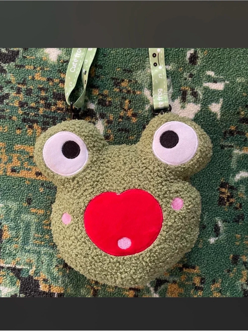 Plush Frog Crossbody Bag in Olive Green with Red Accent